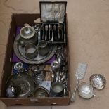 Various silver plate, including candelabra, tea set, tray etc (boxful)