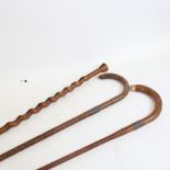 3 Vintage walking sticks, including lignum vitae, and 2 with silver collars (3)