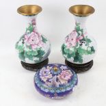 3 pieces of Japanese cloisonne enamel, including a pair of vases and stands, overall height 24cm (3)