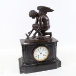 A French slate and green veined marble mantel clock, by Rollin, surmounted by bronze angel and