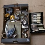 Various silver plate, including decanter stand, 3-piece tea set, cruets etc (boxful)