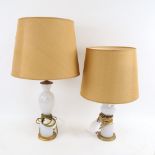 2 milk glass and brass table lamps and shades, largest overall height 55cm (2)
