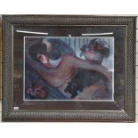 A large modern colour print, reclining figure, silvered rope twist style frame, overall frame