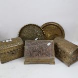 Various brass-mounted table-top boxes, and 2 Middle Eastern brass trays (5)