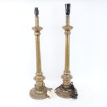 A large pair of cast-brass column table lamps, height excluding fitting 63cm