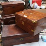 Various boxes and containers, including brass-bound folding travelling writing slope, W30cm (4)