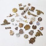 Various military cap badges and brooches, including the Wiltshire Regiment, British Legion, and a