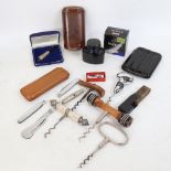 Various collectables, including Vintage corkscrews, leather cigar cases, Parker Quink etc (boxful)