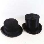 A Vintage black top hat, internal measurements 15.5cm x 19.5cm, and a bowler hat by Bennetts of