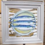 Clive Fredriksson, oil on board, mackerel on a plate, framed, overall 52cm x 62cm