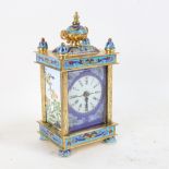 A modern Chinese cloisonne enamel brass-cased carriage clock, quartz movement with enamelled dial
