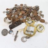 Various British coins, miniature Bullnose woodworking plane, Antique brass buckles etc (boxful)
