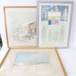 A group of watercolours and prints, including H E Kuckein, pencil signed screen print (5)