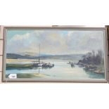 Matt Bruce, oil on board, boats on a river, signed, framed, overall 33cm x 64cm
