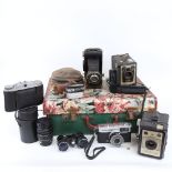 Various Vintage cameras and equipment, including Kodak Anastigmat, and Rand Royal View opera glasses
