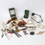 Various collectables, including leather-cased travelling inkwell, tartan needlecase, silver tortoise