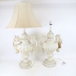 A large pair of painted and distressed resin urn lamps and shades, height excluding fitting 52cm