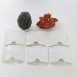 A Chinese hardstone inkwell, and a desk stand, and 6 lithoplane panels