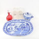 2 square cut-glass decanters, unmarked, a ruby glass decanter, and 2 pieces of Willow pattern blue
