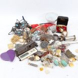 Various collectables, including white metal filigree dish, coins, boy scout's whistle etc (boxful)