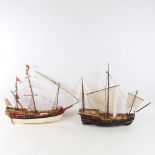 2 small scale 3-masted ship models, largest hull length 35cm (2)