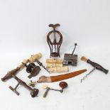 Various Vintage corkscrews, ivory-handles mounts, Hardy Mk IV fishing reel etc, including James