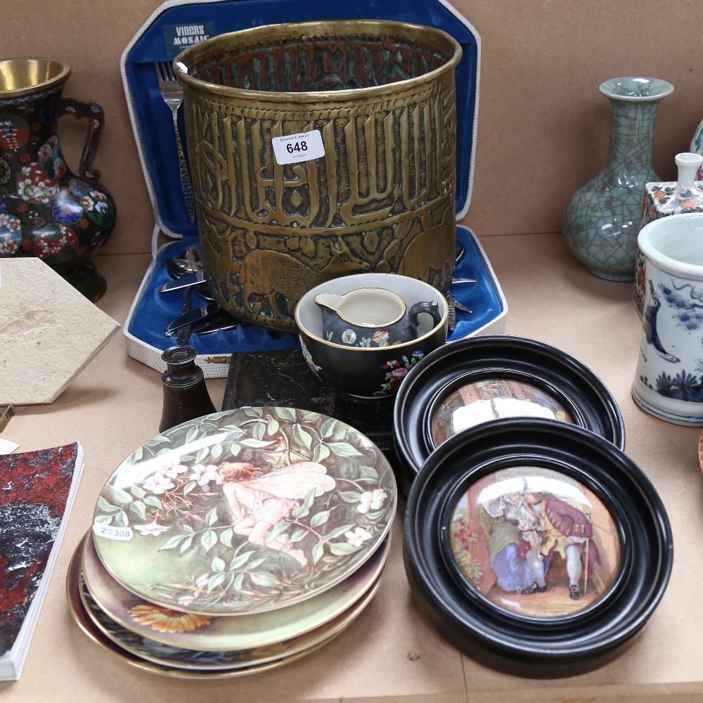 A Vintage George Rowney artist's student's colour box, a Middle Eastern brass jardiniere, pot