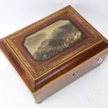A 19th century rosewood sewing work box, with coloured print inset lid and penwork border, W22cnm,