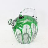 A Bohemian green overlay glass flagon, etched crane decoration, height 17cm