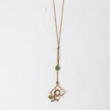 An early 20th century 9ct gold stone set pendant necklace, 2.6g, missing main stone