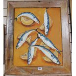 Clive Fredriksson, oil on board, mackerel and melons, pine frame, overall 76cm x 64cm