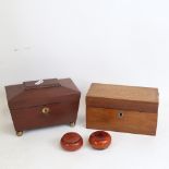 A Chinese carved and polished green soapstone bowl on stand, pair of lacquer boxes, and 2 tea