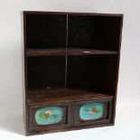 A Japanese hardwood table-top cabinet, with inset cloisonne enamel panelled drawers, H49cm, W39cm,