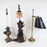 3 table lamps, including resin figural example with peach glass frilled shade, height 68cm (3)