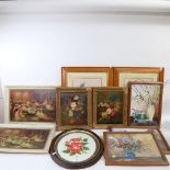 Various pictures and prints, including pair of still life oils on board, by J Brandt (9)