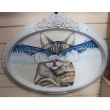 Clive Fredriksson, oil on board, mackerel and cat, oval frame, overall 52cm x 68cm