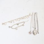 Various silver jewellery, including charm bracelet, locket, pendant necklace etc