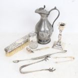 Various silver, plate and pewter, including dressing table jar, clothes brush, candlestick etc