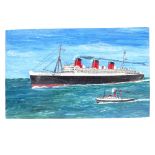 R C Bottriell, Oil on board, Queen Mary and Tug, H 76cm, W 47cm