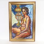Dino Mazzoli, oil on board, female nude, 1990, framed, overall 71cm x 48cm