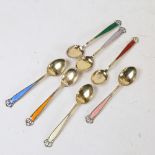 A set of 7 Scandinavian vermeil sterling silver and harlequin enamel coffee spoons