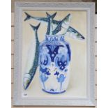 Clive Fredriksson, oil on board, mackerel and vase, framed, overall 70cm x 55cm