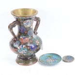 A group of Chinese cloisonne enamel items, including black ground baluster vase, height 22cm (3)