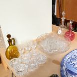 Various glass, including large table centre bowl, decanters and stoppers, ashtrays etc
