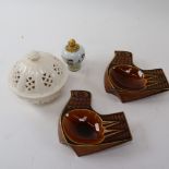 A small Oriental erotic snuff bottle, a pair of Hornsea Pottery bird dishes, and a Royal Creamware