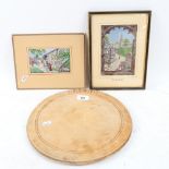 2 Vintage woven silk pictures, views of Macclesfield, and a pine bread board (3)