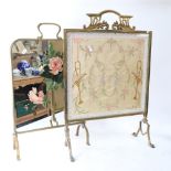 2 Vintage brass-framed firescreens, with inset embroidered and painted floral decoration, largest