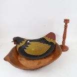 A large carved hardwood food bowl, painted twist stem candlestick etc (3)