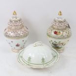 A pair of Dresden ceramic jars and covers, and an Allertons Ltd Adam pattern dish and cover (3)
