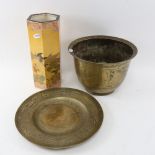 A Chinese brass jardiniere and stand, with 6 character mark, and a Japanese hexagonal sleeve vase,